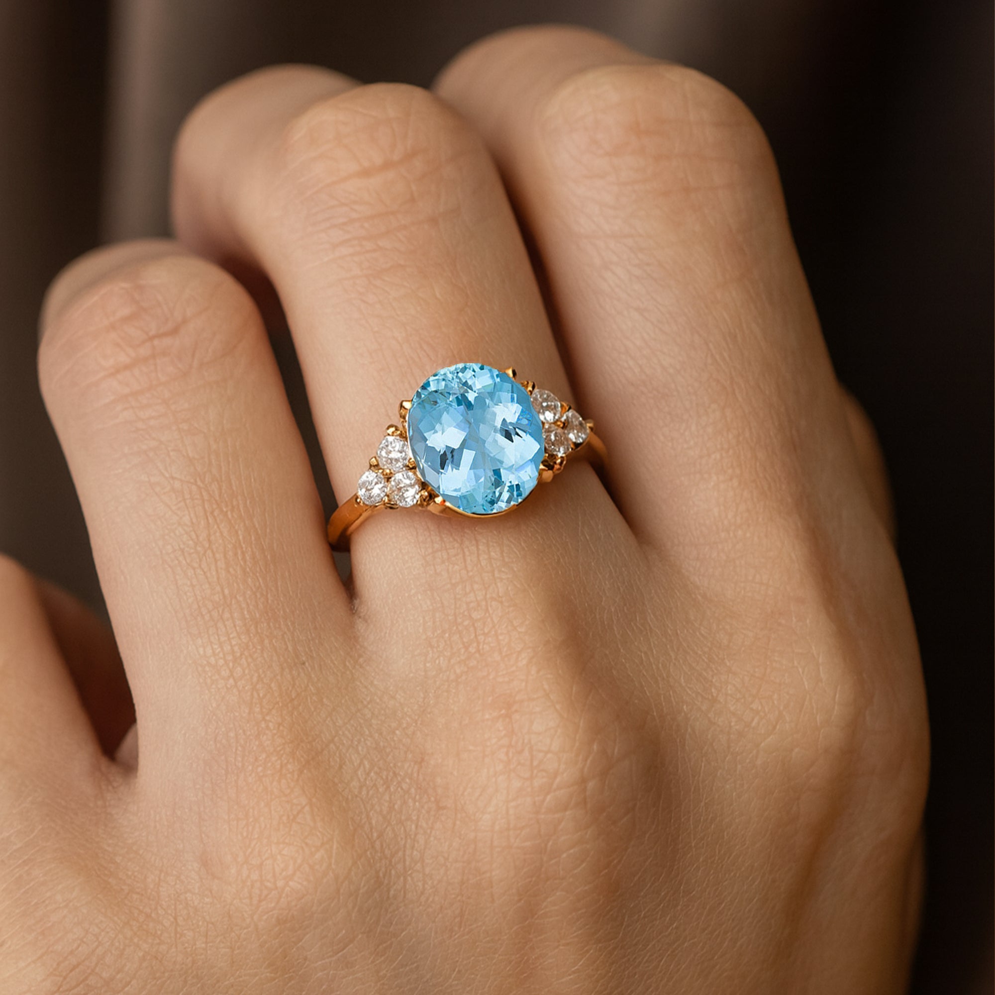 Trio Diamond Engagement Ring with Oval Cut Aquamarine - GeumJewels