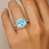 Halo Diamond Engagement Ring with Cushion Cut Aquamarine - GeumJewels