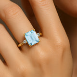 Emerald Cut Aquamarine and Diamond Three Stone Ring - GeumJewels