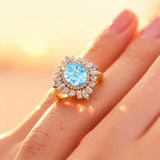 Oval Solitaire Aquamarine Baguette and Round Diamond Cocktail Ring - GeumJewels
