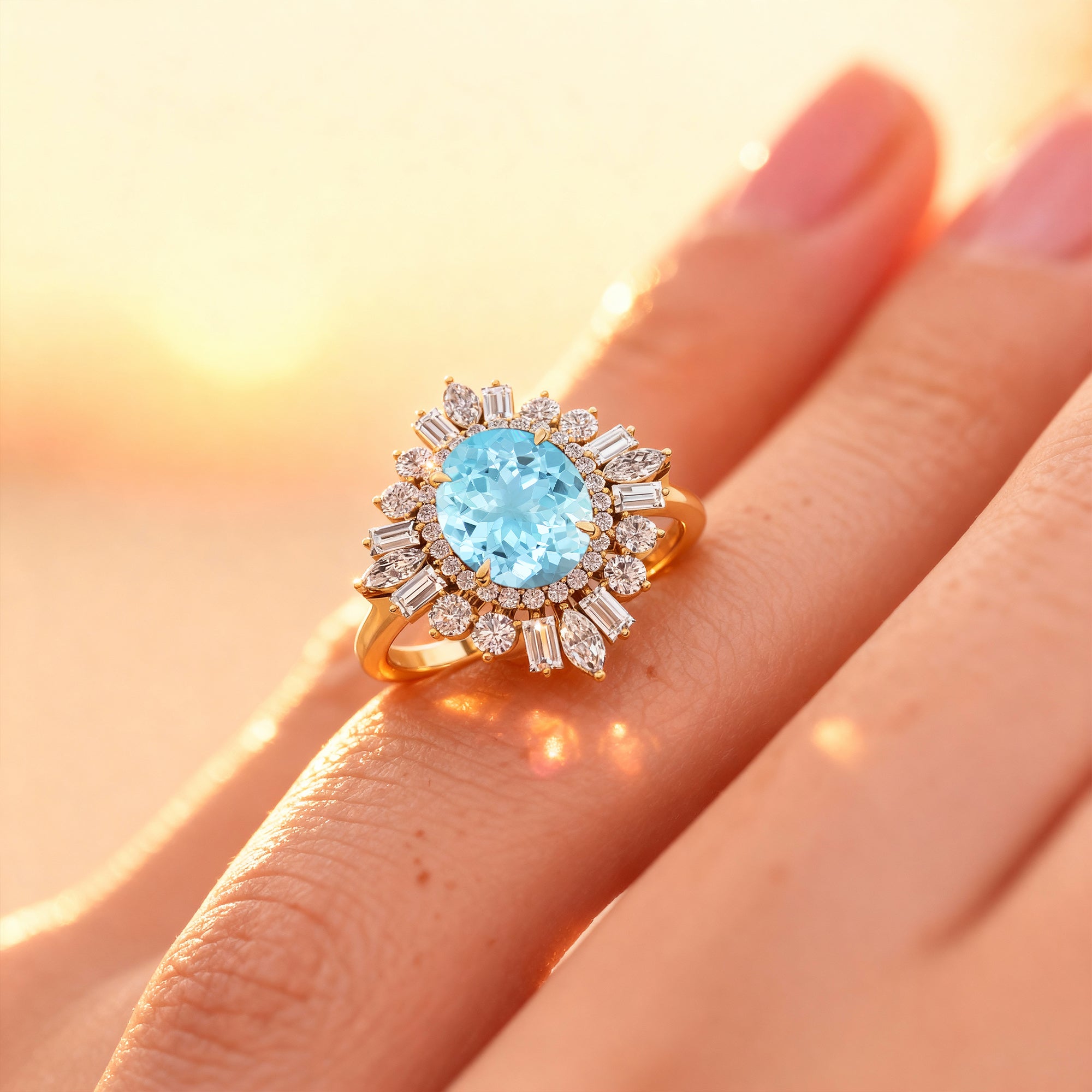 Oval Solitaire Aquamarine Baguette and Round Diamond Cocktail Ring - GeumJewels