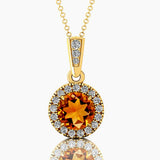 Dainty Round Solitaire Halo Diamond Citrine Pendant