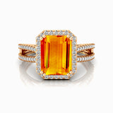 Halo Set Emerald Shaped Citrine Split Shank Ring with Accent Diamonds