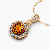 Dainty Round Solitaire Halo Diamond Citrine Pendant