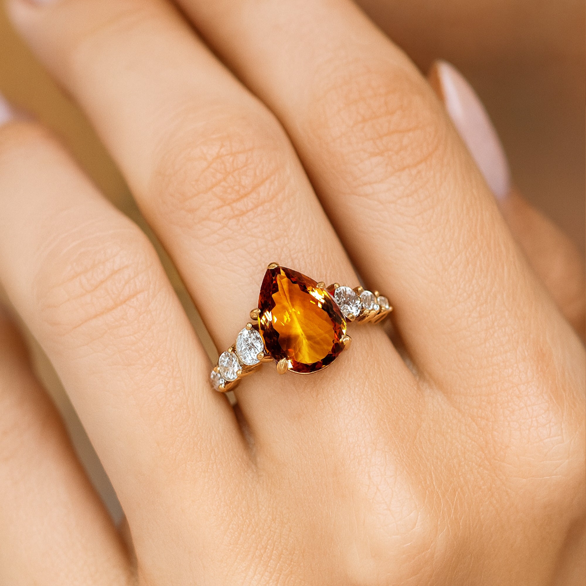 Pear Cut Citrine with Graduated Diamonds Ring - GeumJewels