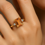 Emerald Cut Citrine and Diamond Three Stone Ring - GeumJewels