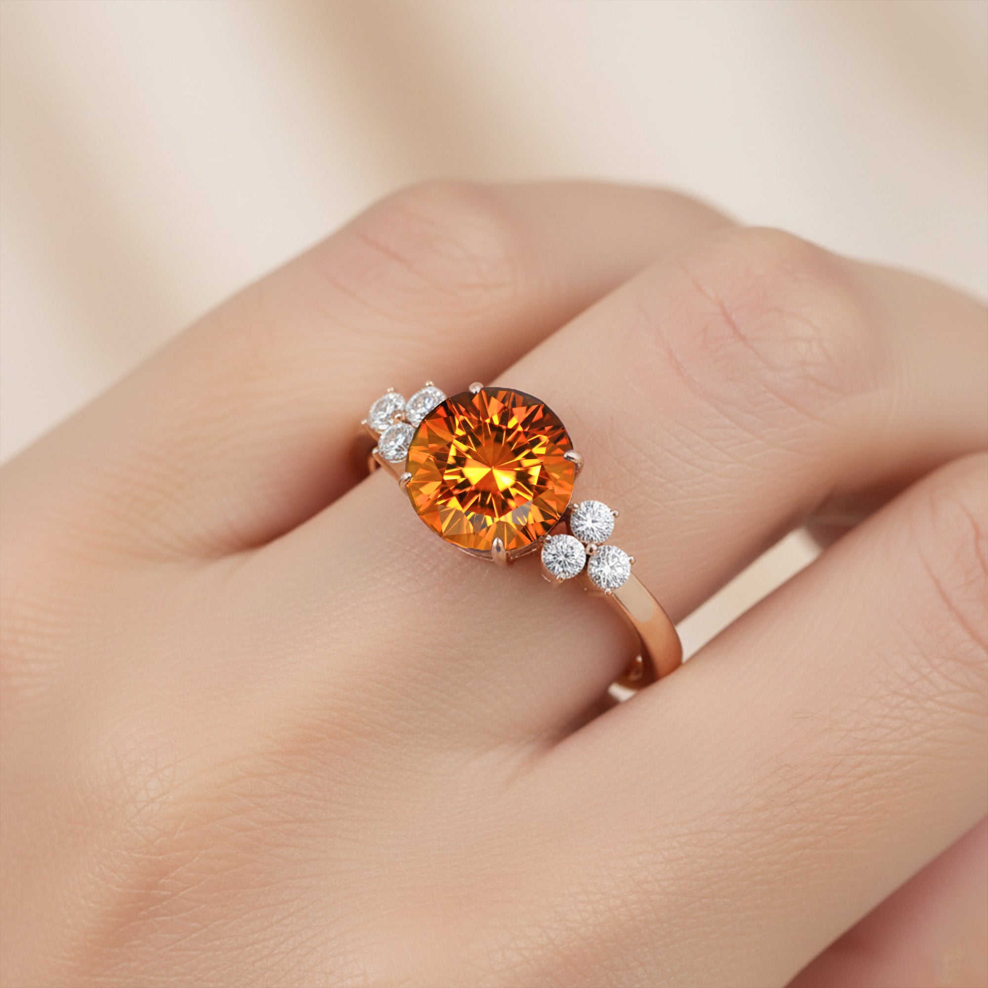 Trio Diamond Engagement Ring with Round Solitaire Citrine - GeumJewels