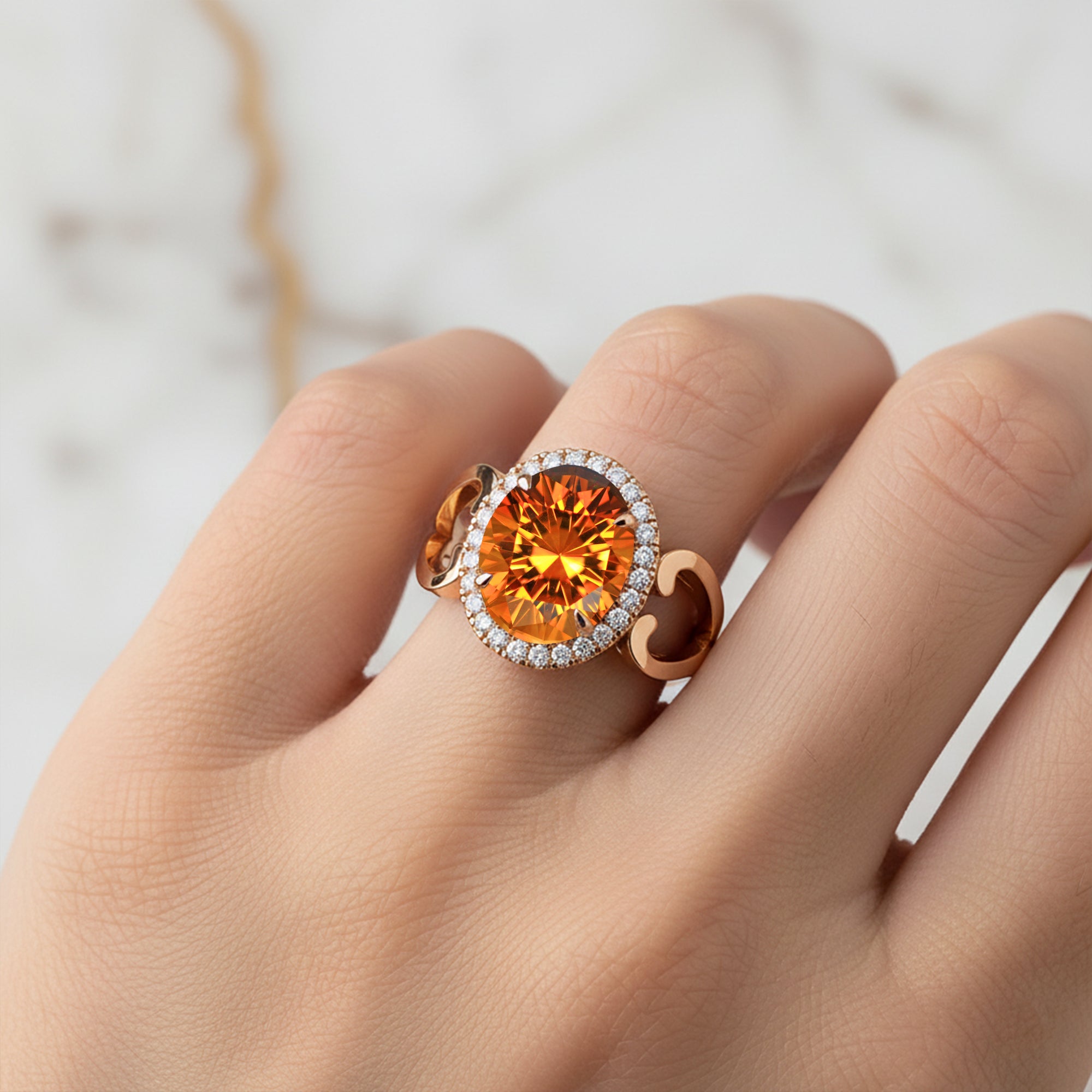 Vintage Love Inspired Oval Citrine Halo Diamond Engagement Ring - GeumJewels