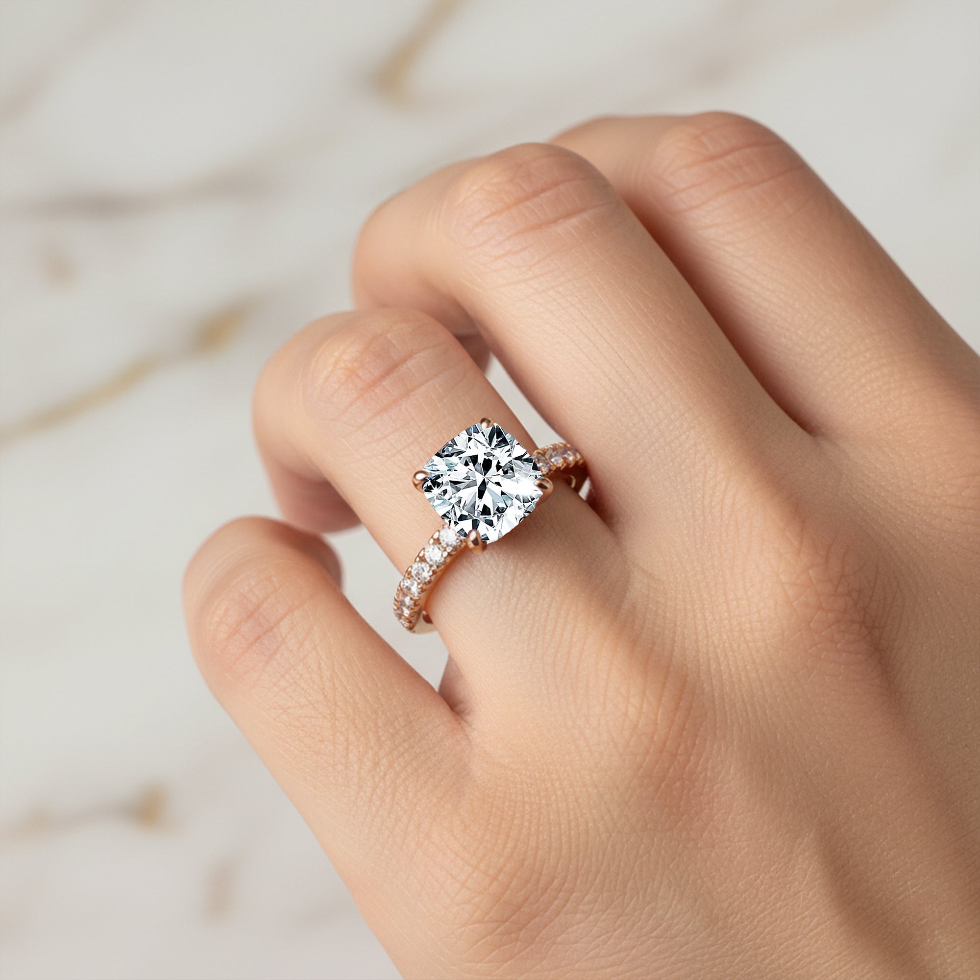 Lab Diamond Square Cushion Under Halo Diamonds Thin Ring with Diamond Band - GeumJewels