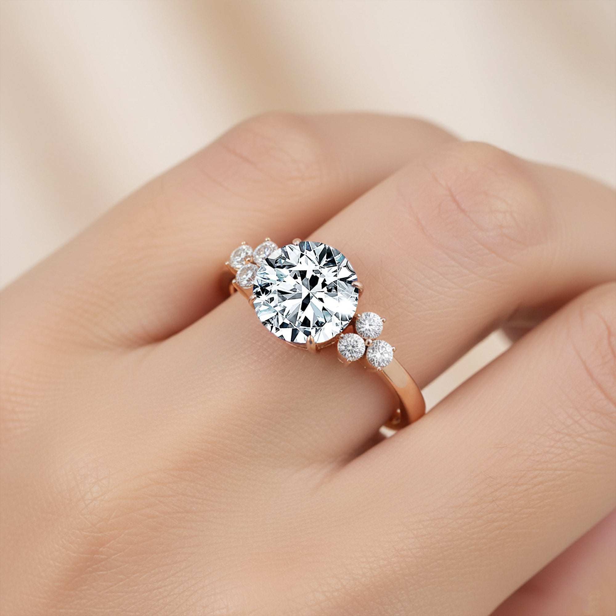 Trio Diamond Engagement Ring with Round Solitaire Lab Diamond - GeumJewels
