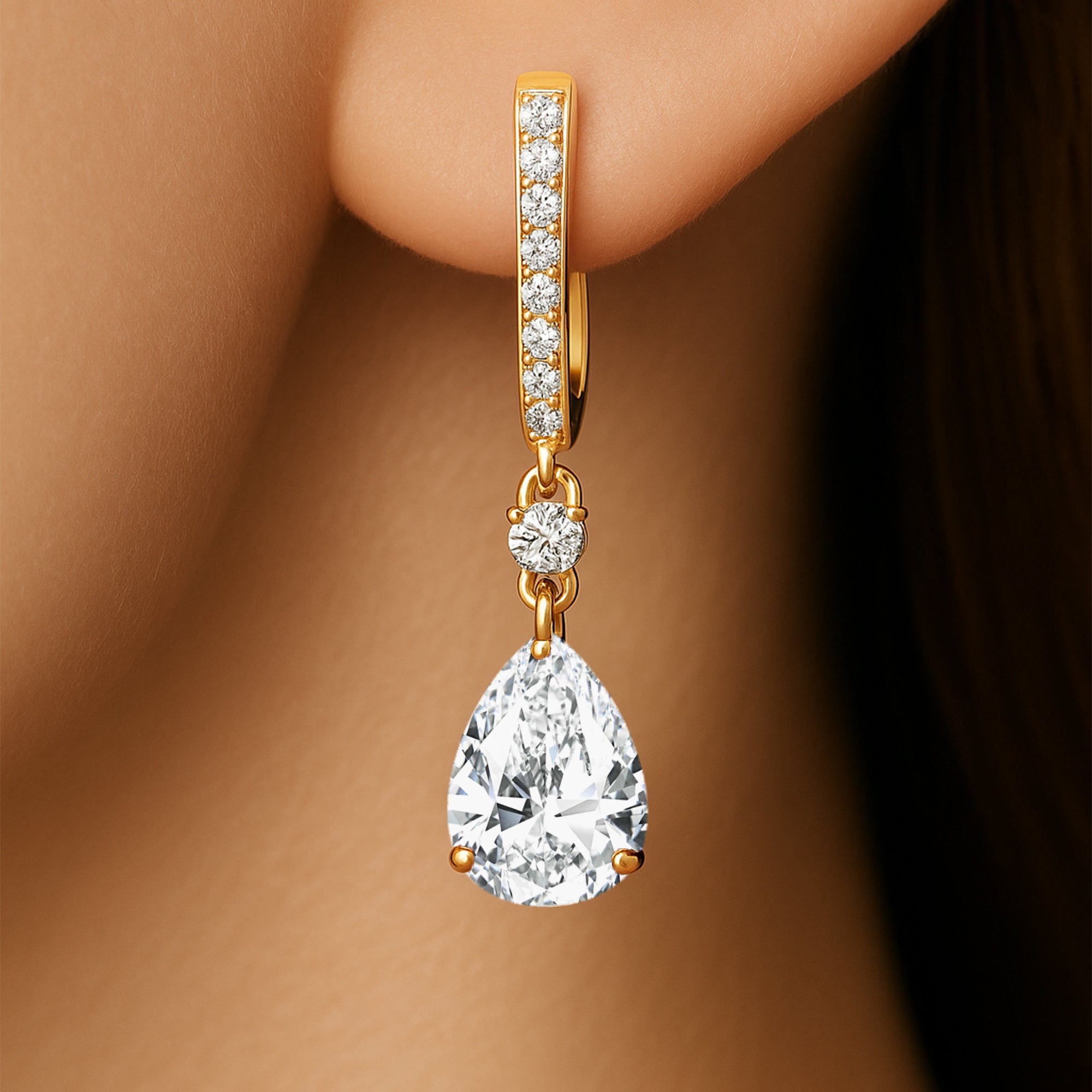 Lever Back Diamond Drop Earrings with Pear Cut Lab Diamond - GeumJewels
