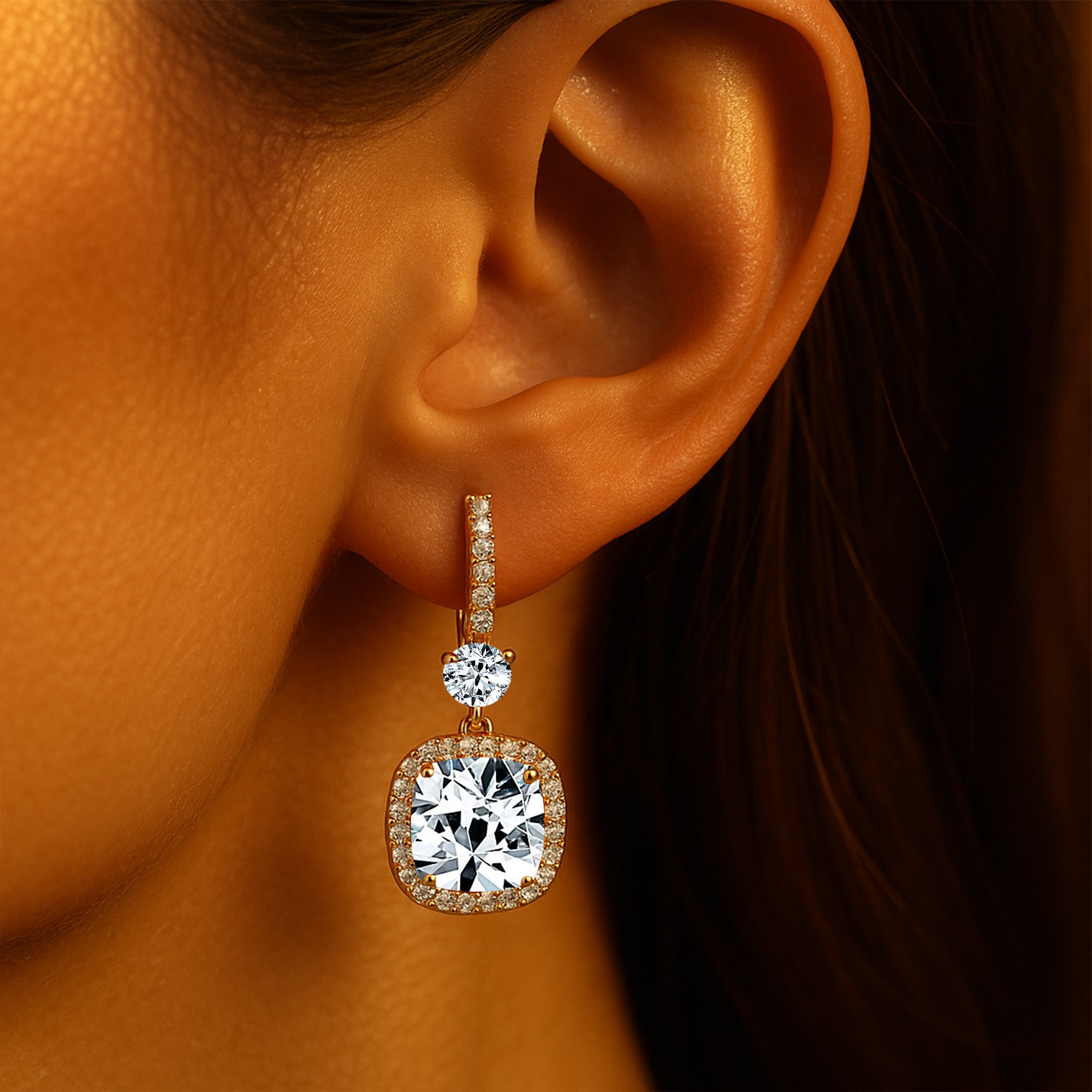 Halo Diamond Cushion Cut Lab Diamond Dangle Earrings - GeumJewels