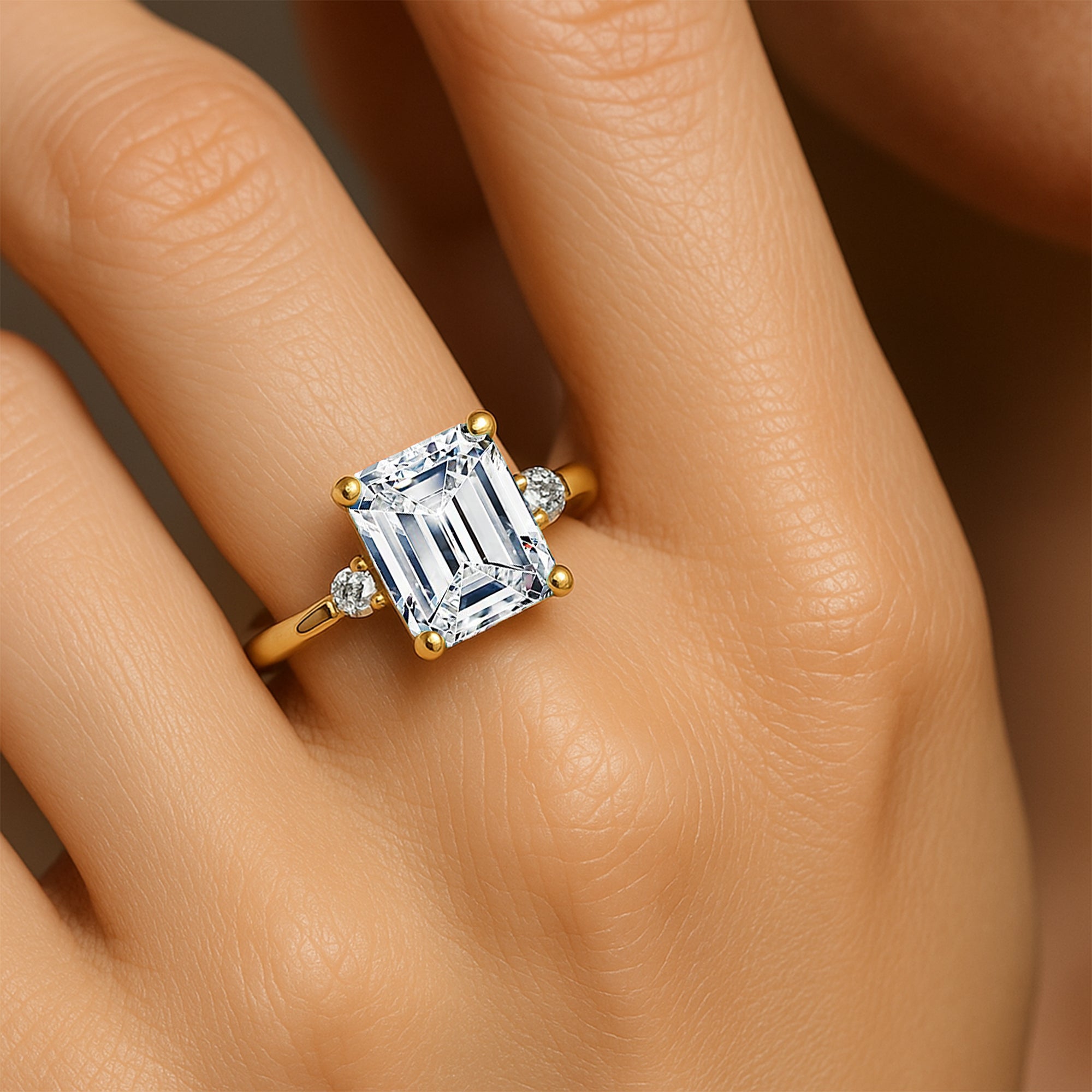 Emerald Cut Lab Diamond and Diamond Three Stone Ring - GeumJewels