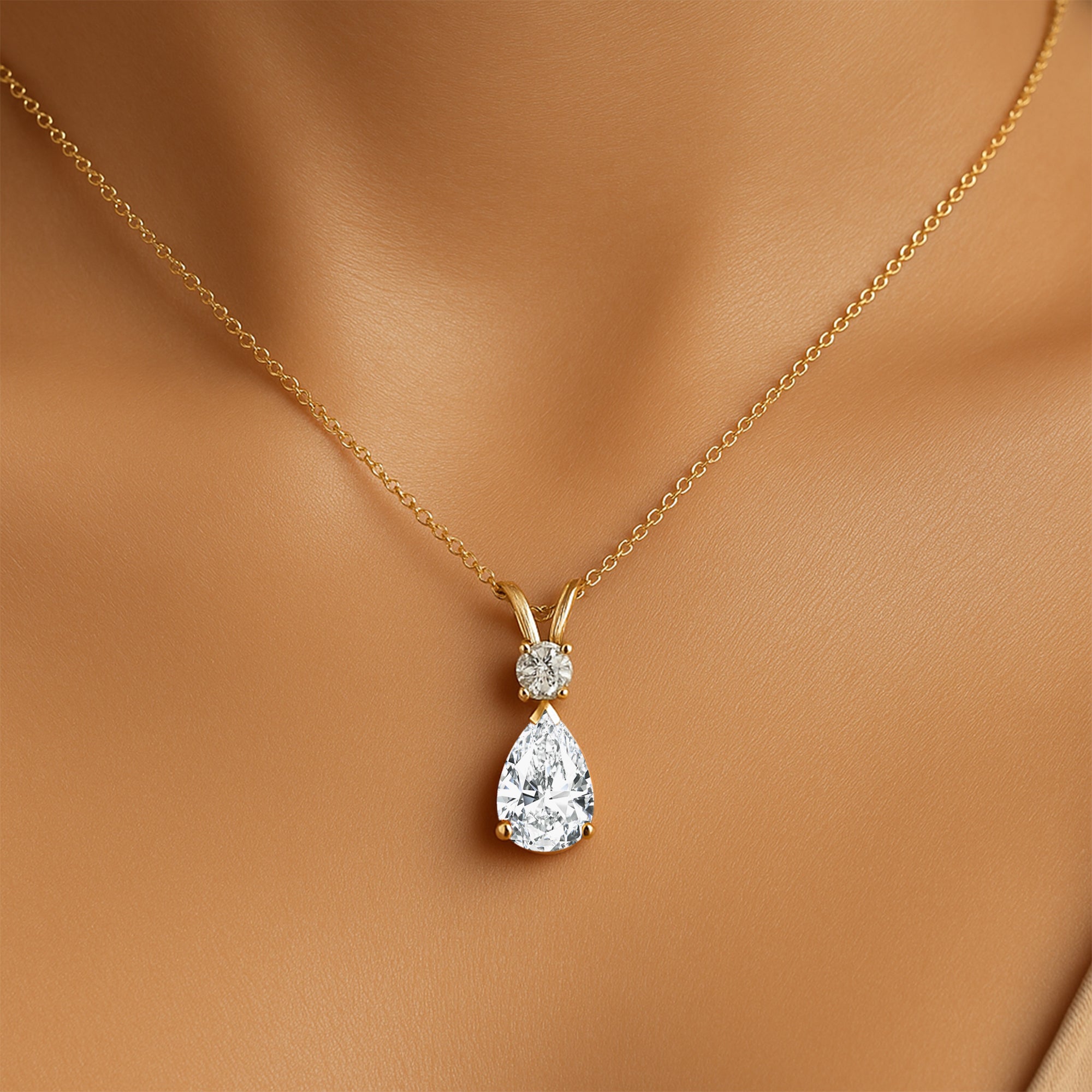 Lab Diamond Teardrop Pendant with Solitaire Diamond - GeumJewels