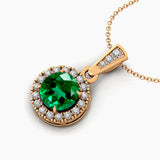 Dainty Round Solitaire Halo Diamond Emerald Pendant