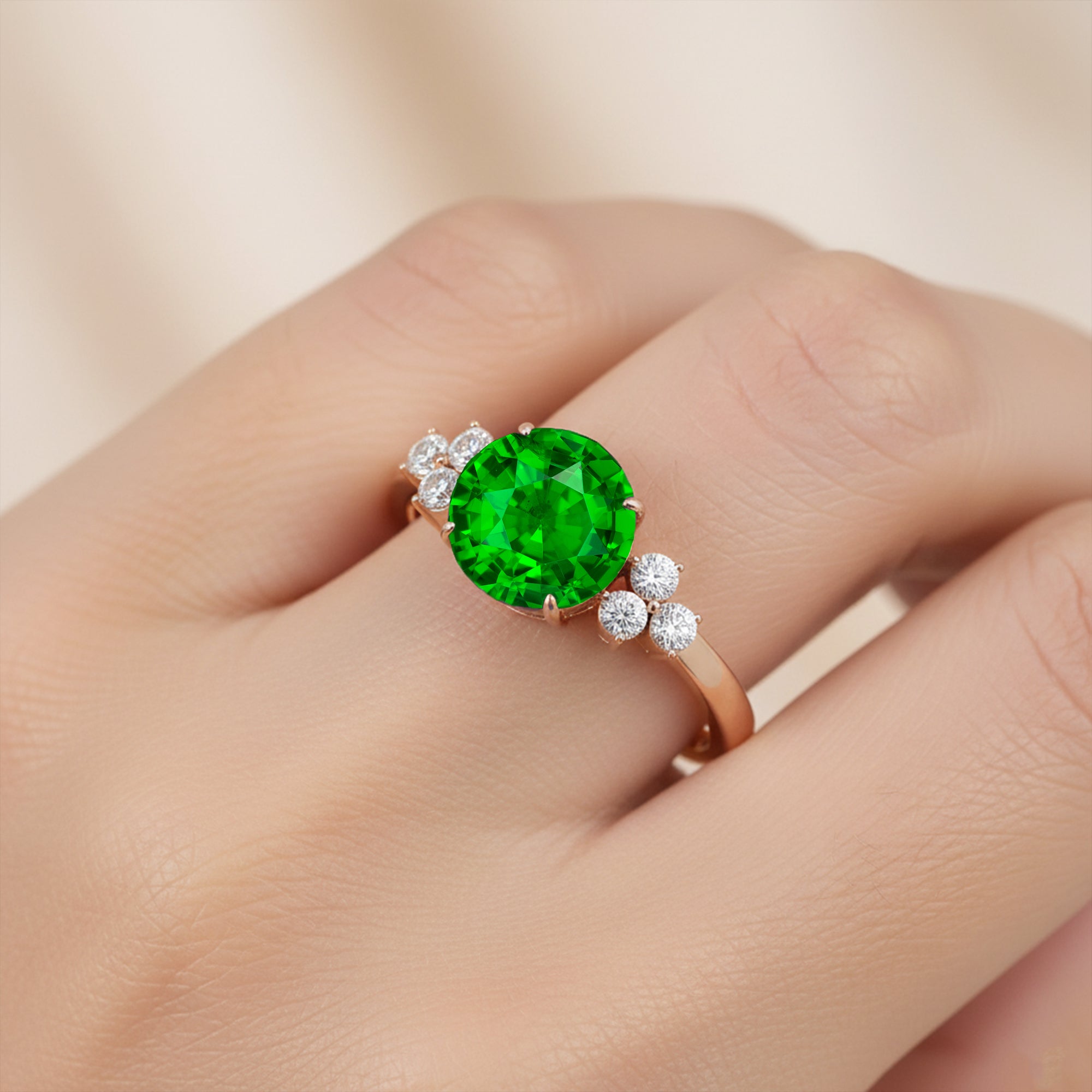 Trio Diamond Engagement Ring with Round Solitaire Emerald - GeumJewels