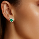 Heart Shaped Emerald Halo Diamond Stud Earrings - GeumJewels