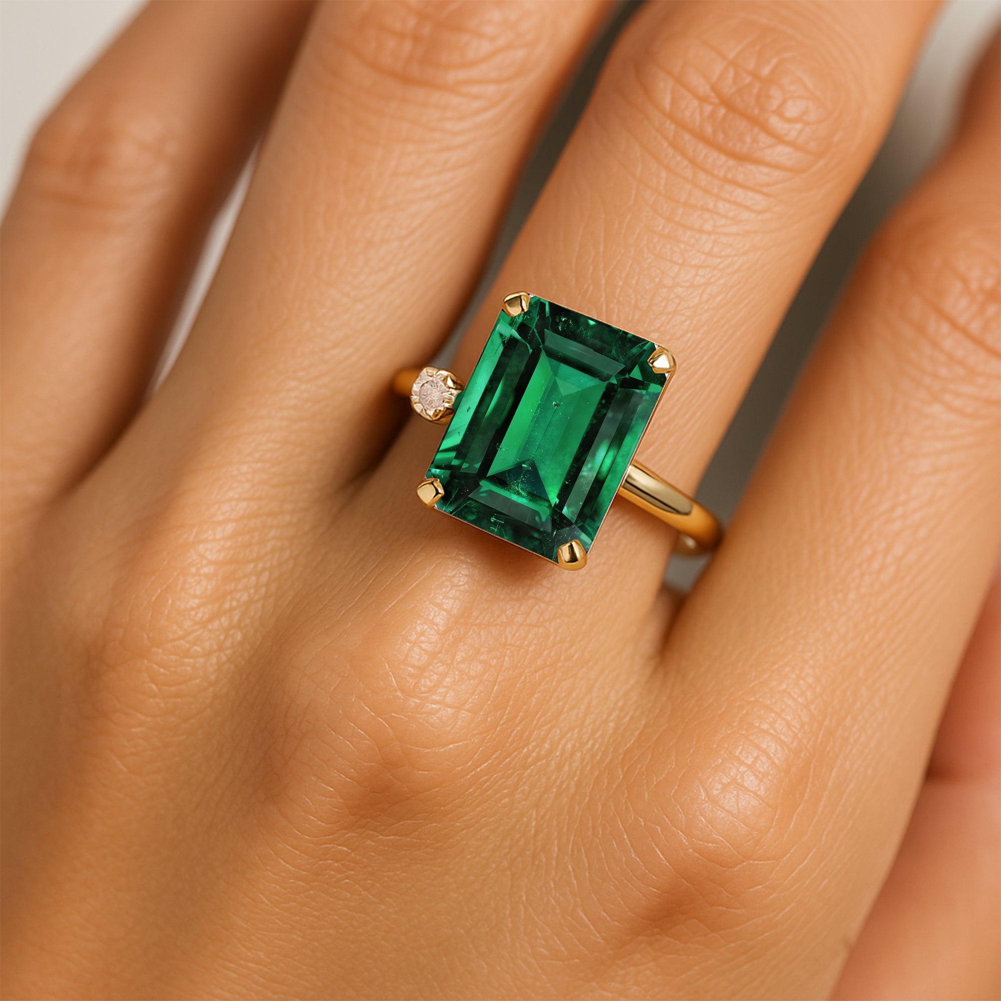 Emerald Shaped Emerald with 3mm Accent Solitaire Engagement Ring - GeumJewels
