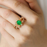 Flower Inspired Ring with Oval Shaped Emerald and Accent Diamonds - GeumJewels