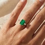 Emerald Cut Emerald and Diamond Three Stone Ring - GeumJewels