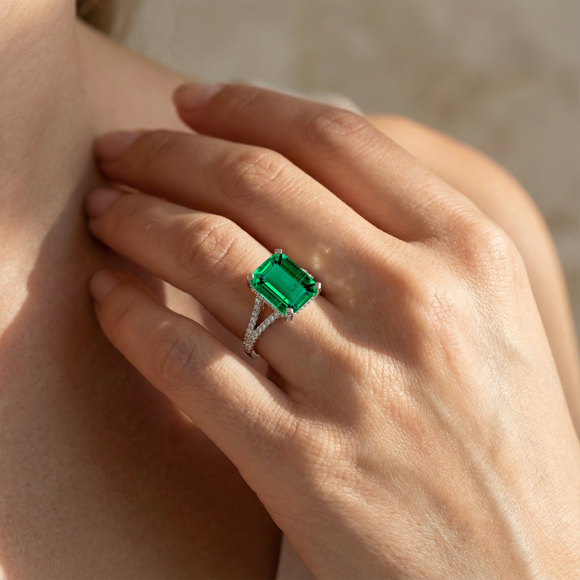 Emerald Cut Emerald Split Shank Engagement Ring with Diamonds - GeumJewels
