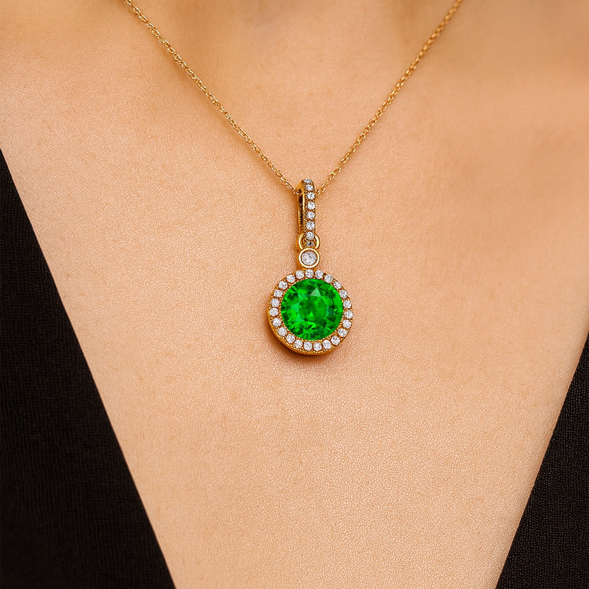 Classic Solitaire Round Emerald Halo Diamond Dangle Pendant - GeumJewels