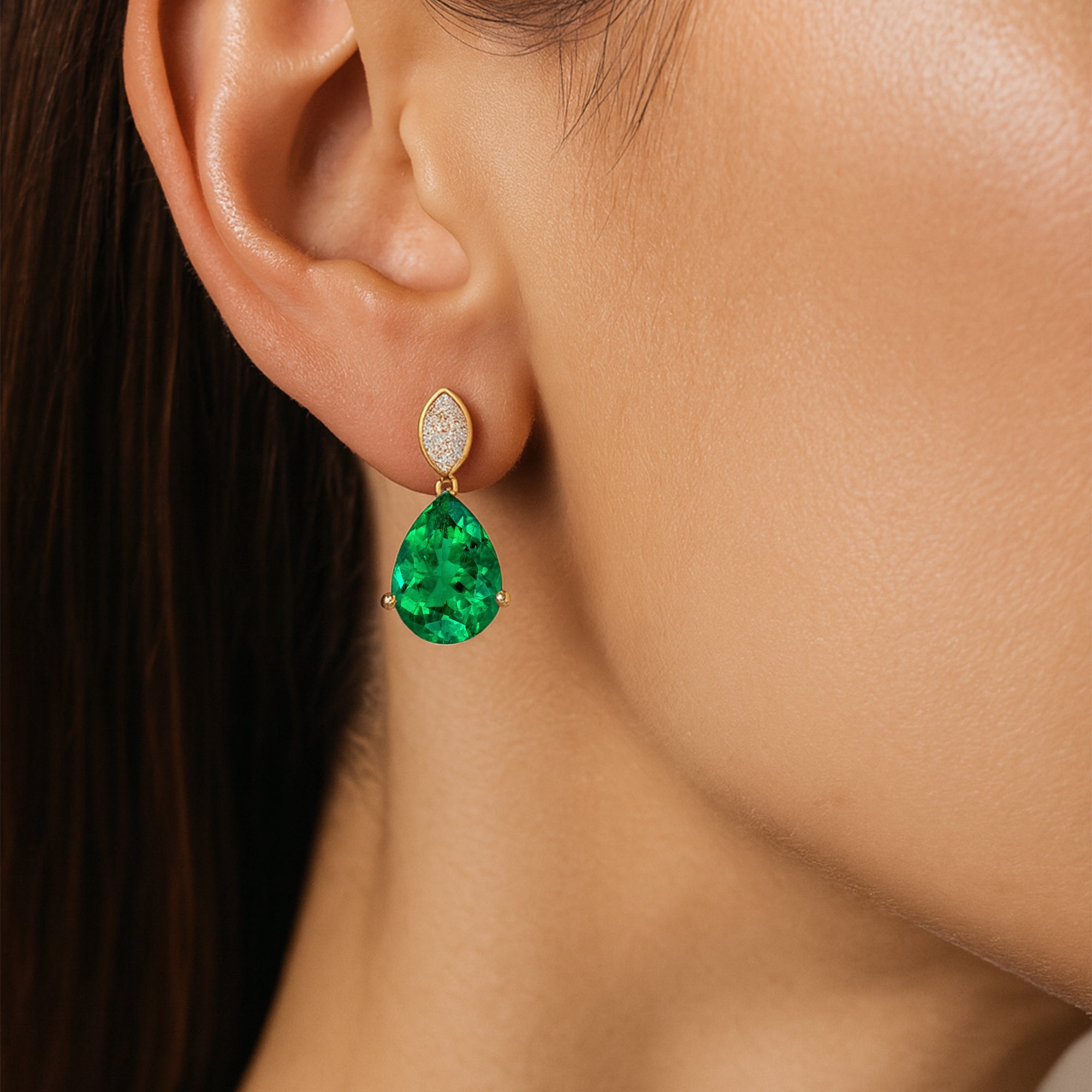 Illussion Set Diamond Earrings with Pear Cut Emerald - GeumJewels