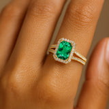 Halo Set Emerald Shaped Emerald Split Shank Ring with Accent Diamonds - GeumJewels
