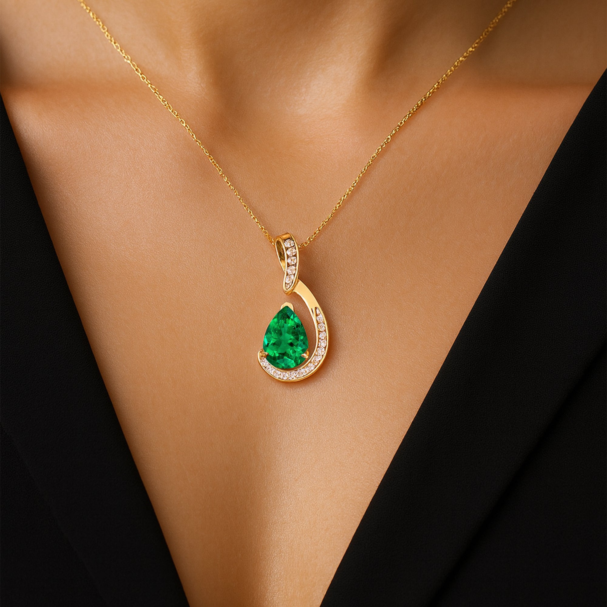 Designer Diamond Loop Pendant with Teardrop Shaped Emerald - GeumJewels