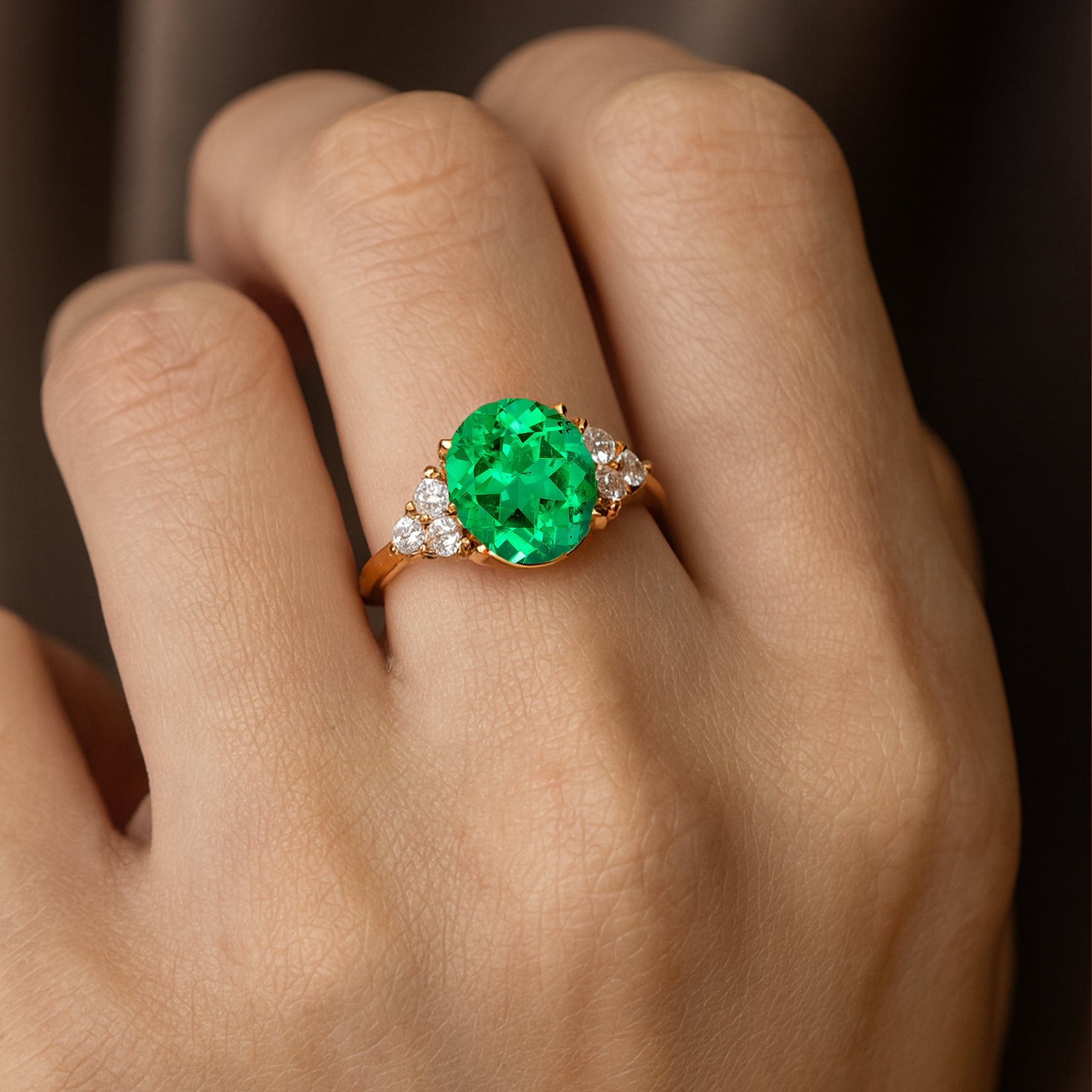 Trio Diamond Engagement Ring with Oval Cut Emerald - GeumJewels