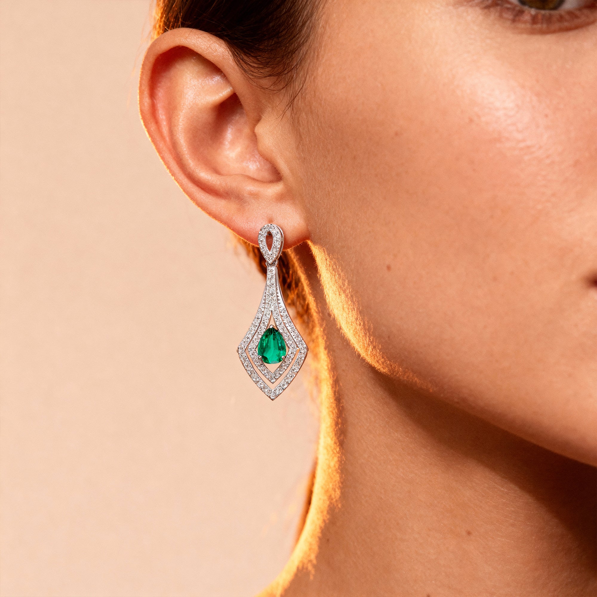 Vintage Inspired Pear Cut Emerald Diamond Drop Earrings - GeumJewels