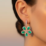 Pear Shaped Emerald Flower Diamond Leverback Earrings - GeumJewels