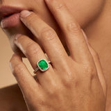 Elongated Cushion Halo Set Emerald Engagement Ring with Diamond Band