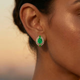 Double Halo Cluster Diamonds Teardrop Emerald Stud Earrings