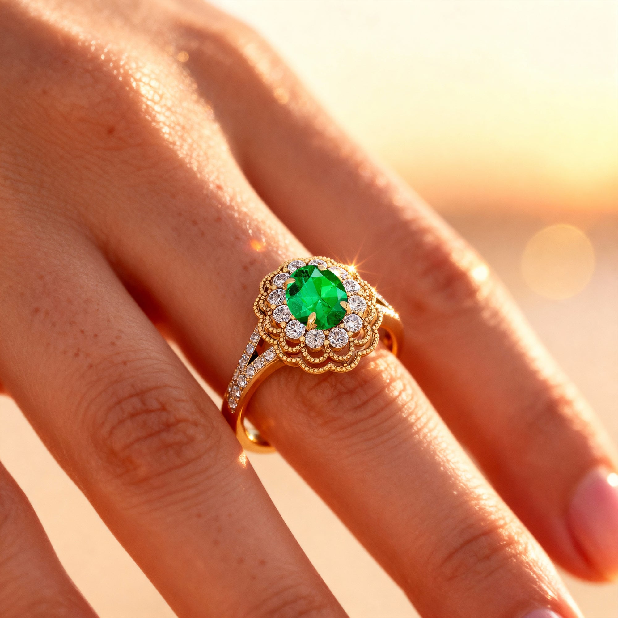 Flower Inspired Cluster Diamond Oval Emerald Engagement Ring - GeumJewels