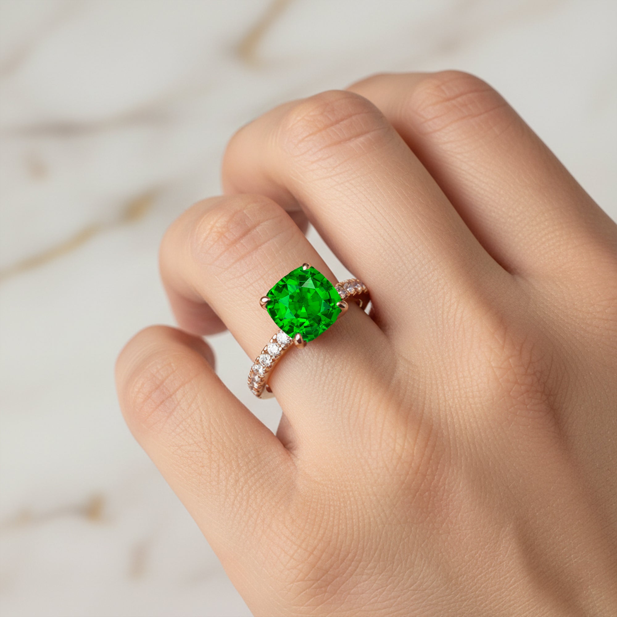 Emerald Square Cushion Under Halo Diamonds Thin Ring with Diamond Band - GeumJewels