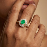 Triple Halo Diamond Oval Cut Emerald Cocktail Ring