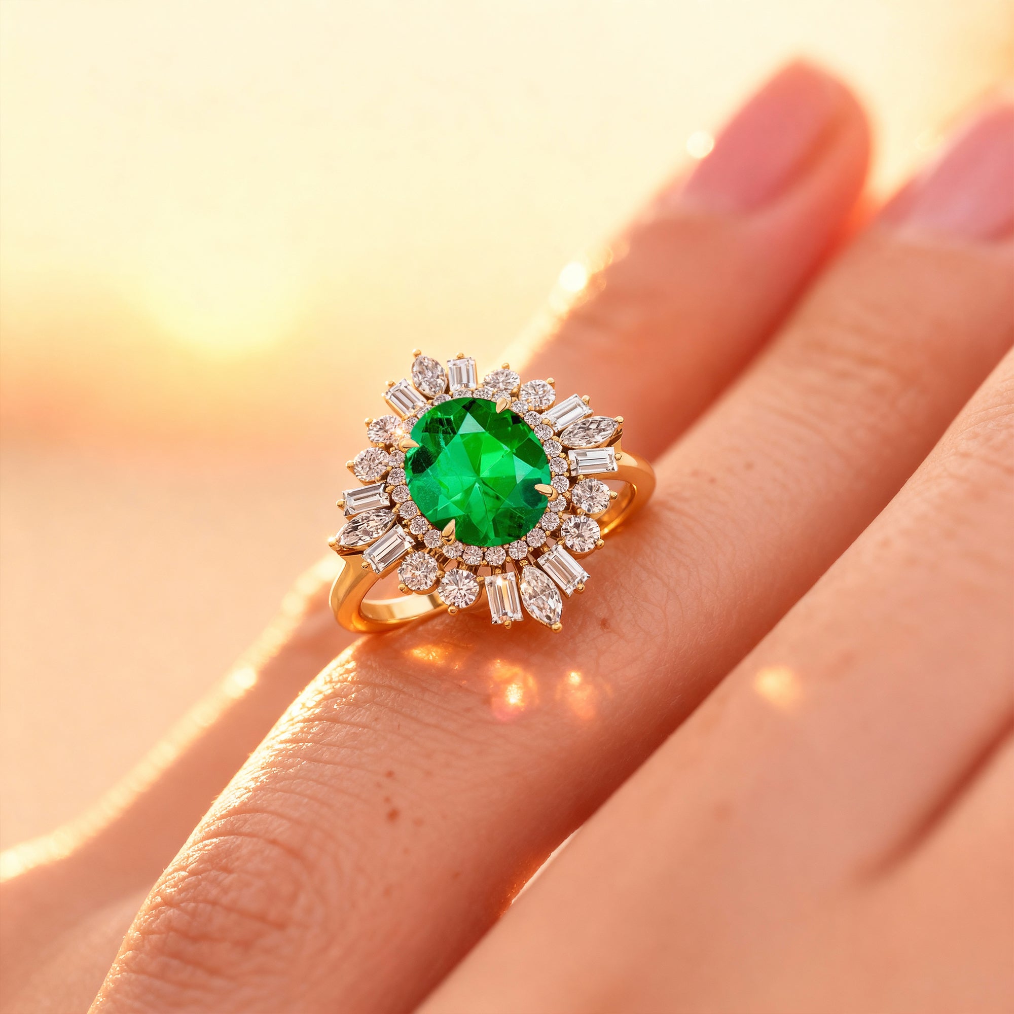 Oval Solitaire Emerald Baguette and Round Diamond Cocktail Ring - GeumJewels