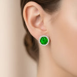 Round Solitaire Emerald Halo Diamond Stud Earrings - GeumJewels