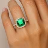 Halo Diamond Engagement Ring with Cushion Cut Emerald - GeumJewels