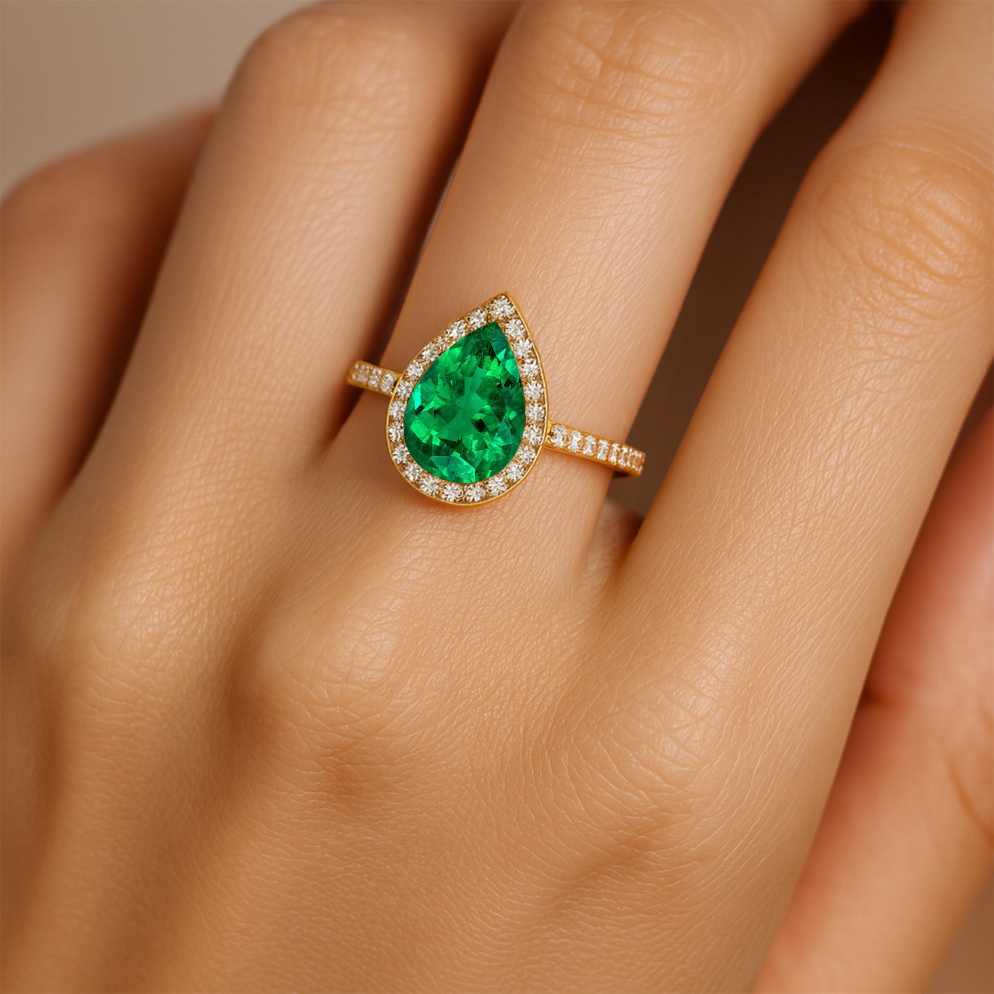 Classic Pear Shaped Emerald Halo Diamond Engagement Ring - GeumJewels