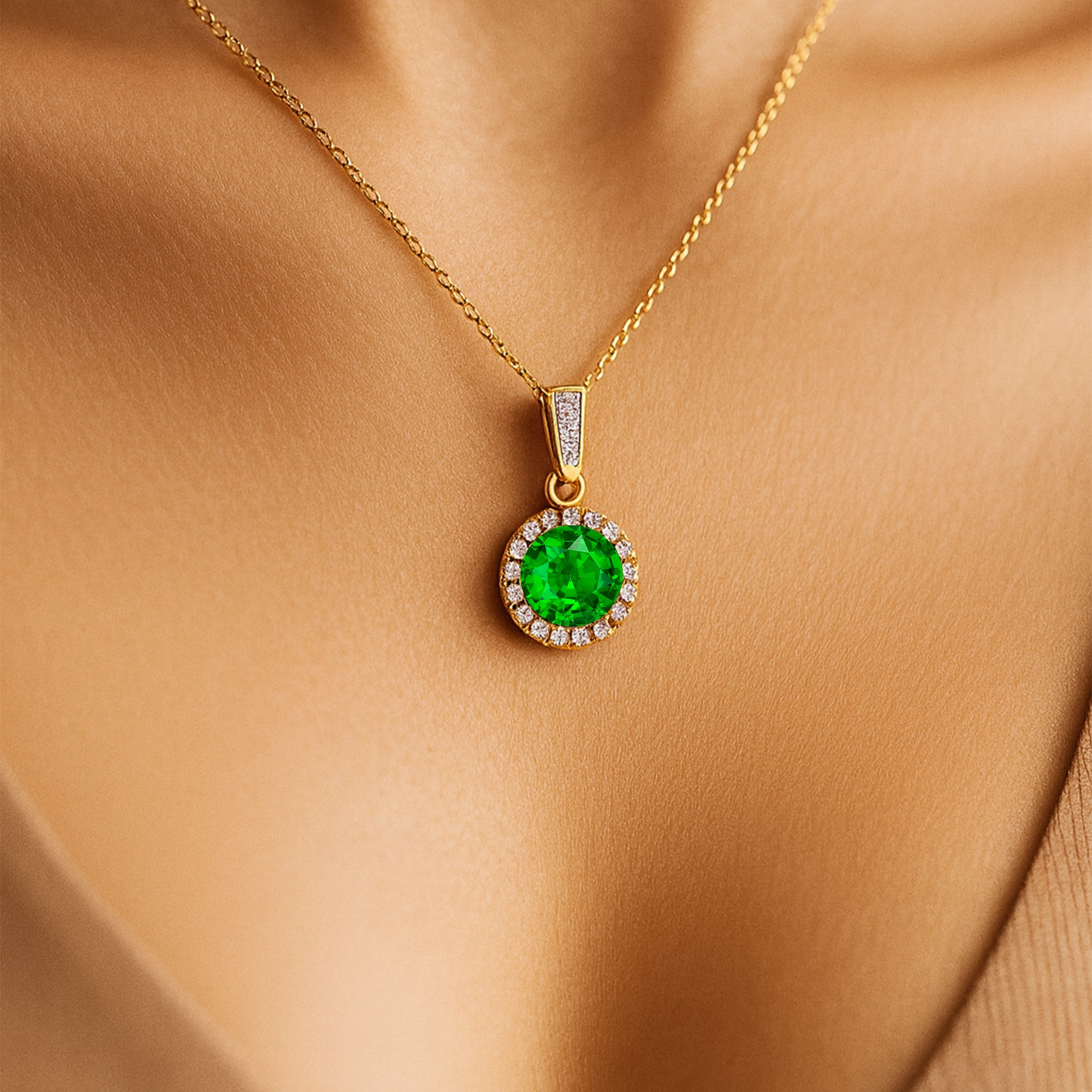 Dainty Round Solitaire Halo Diamond Emerald Pendant - GeumJewels