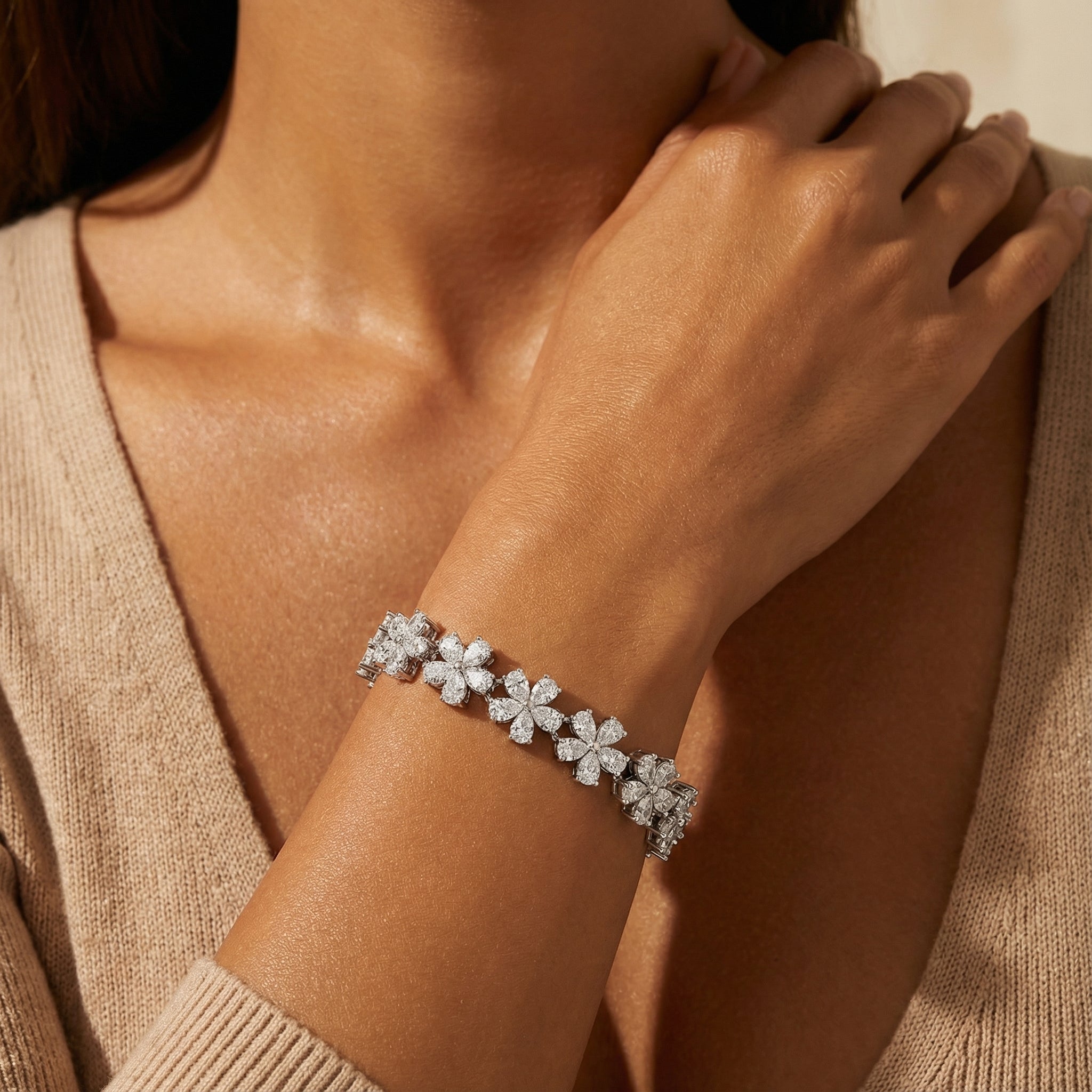 Flower Inspired Pear Set Diamond Statement Bracelet - GeumJewels