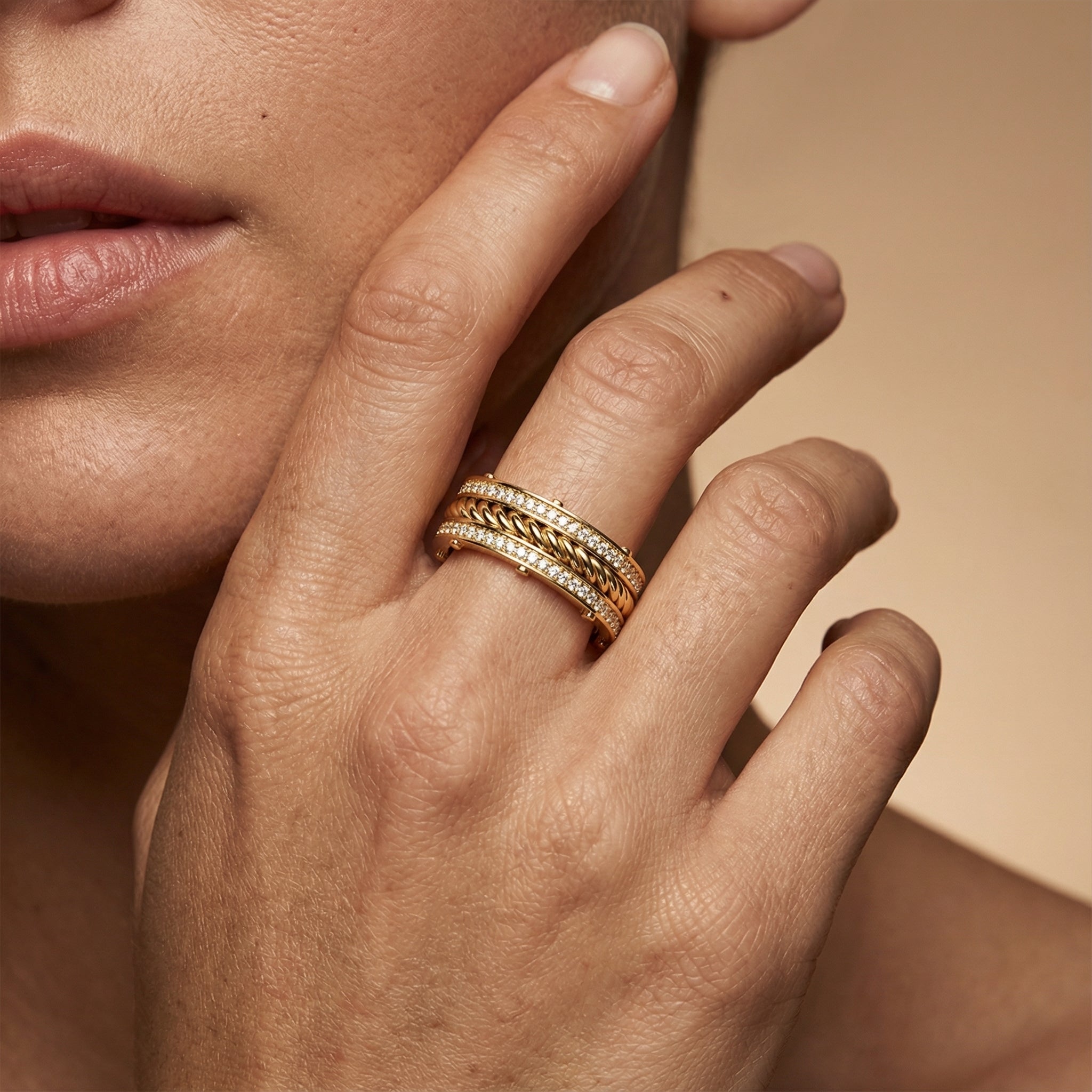 Double Row Diamond Braided Gold Ring - GeumJewels