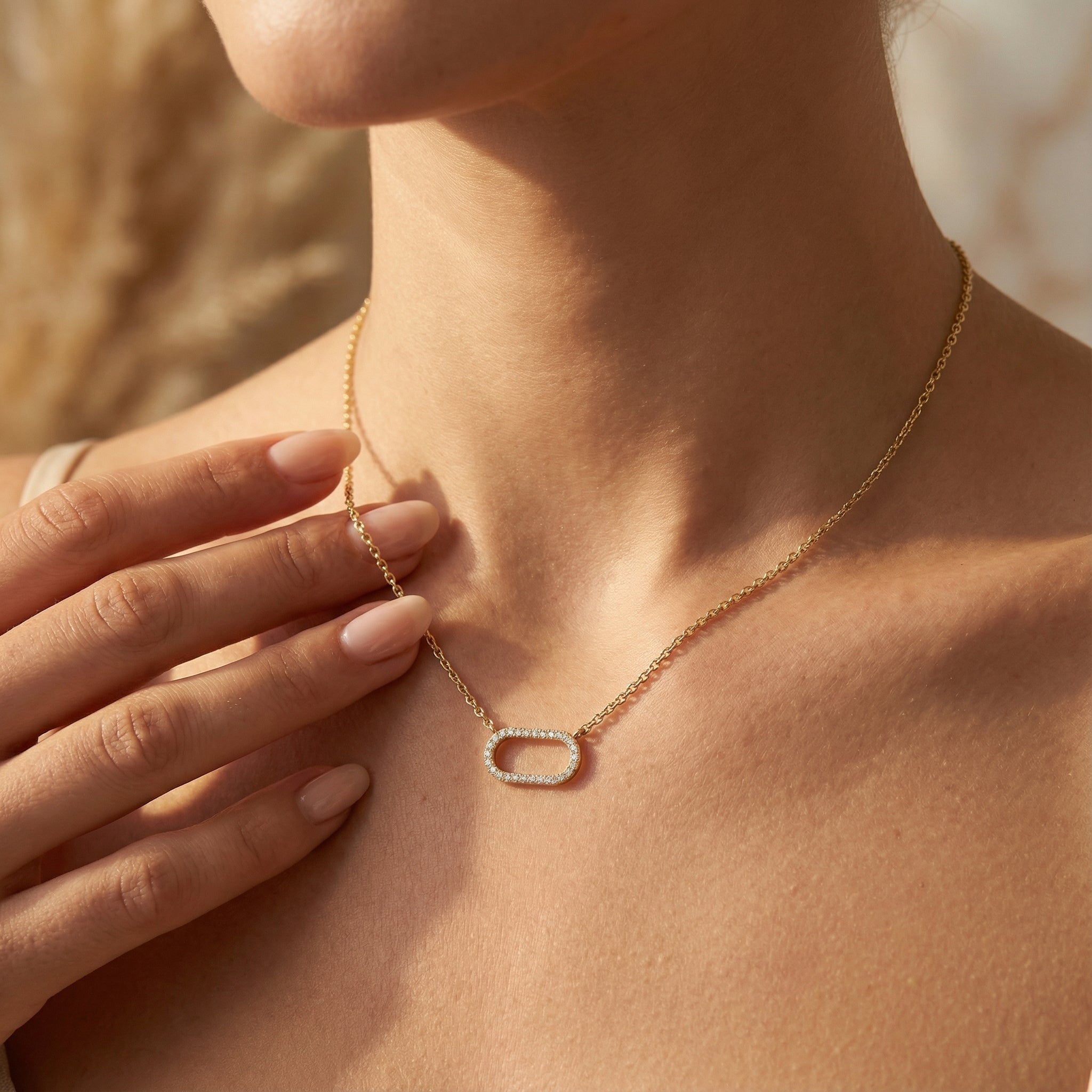 Elongated Oval Diamond Necklace in Solid Gold - GeumJewels