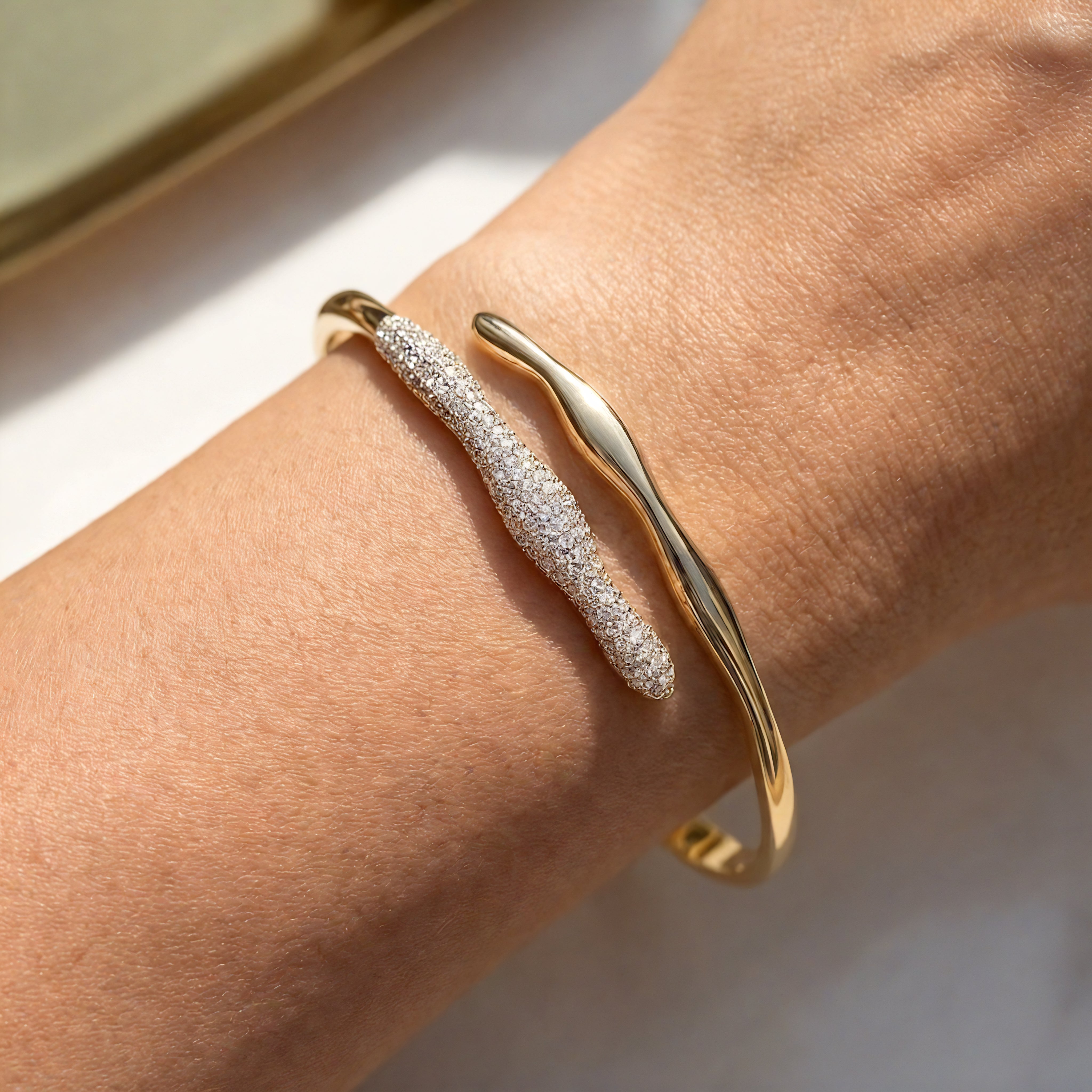 Irregular Shaped Pave Set Diamond Open Cuff Bracelet Bangle - GeumJewels