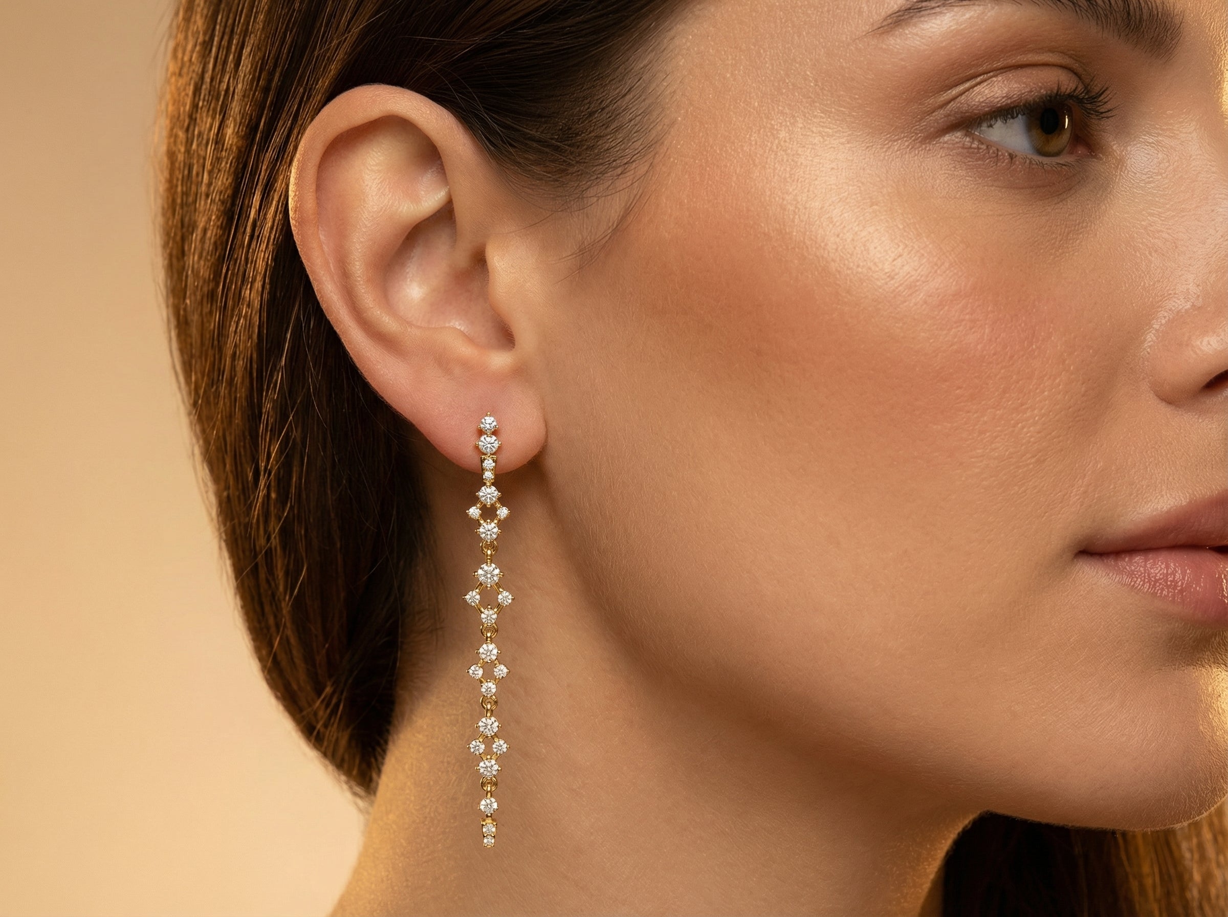 Long Diamond Drop Earrings in Solid Gold - GeumJewels