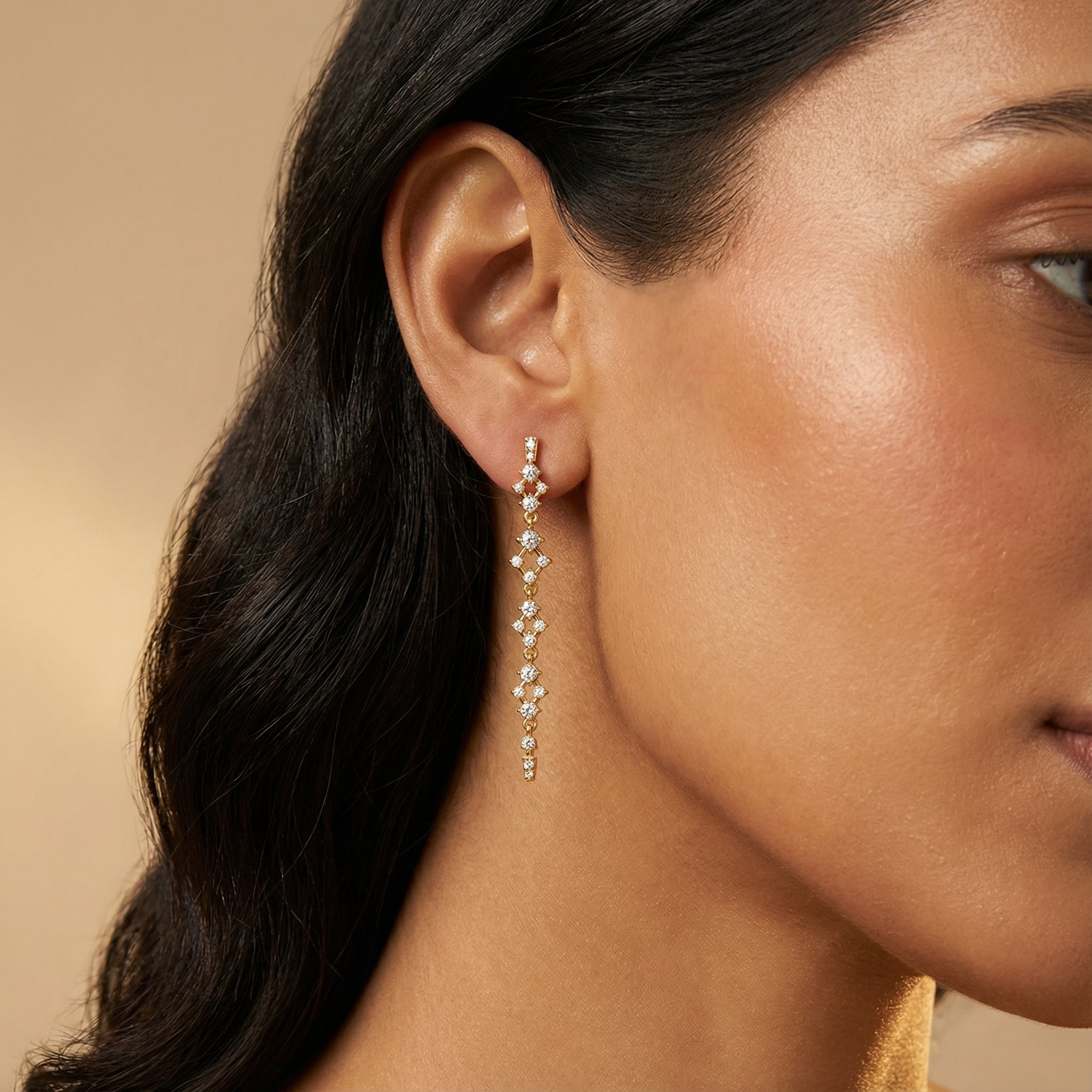 Long Diamond Drop Earrings in Solid Gold - GeumJewels