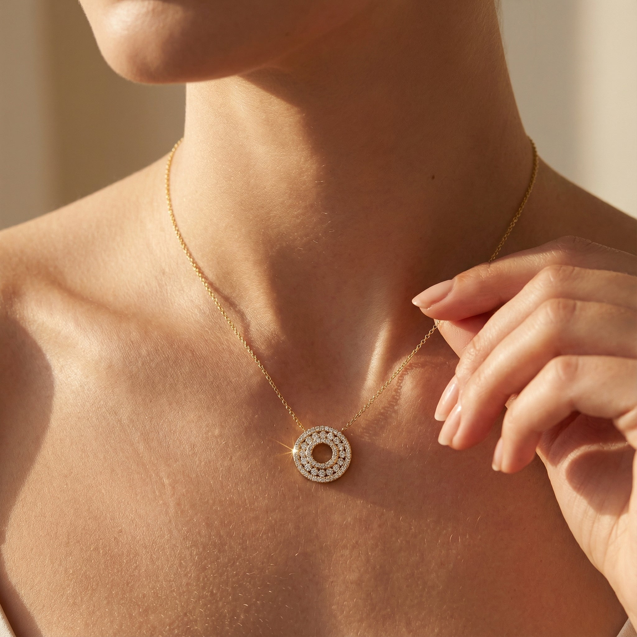 Three Row Diamond Solid Gold Necklace - GeumJewels