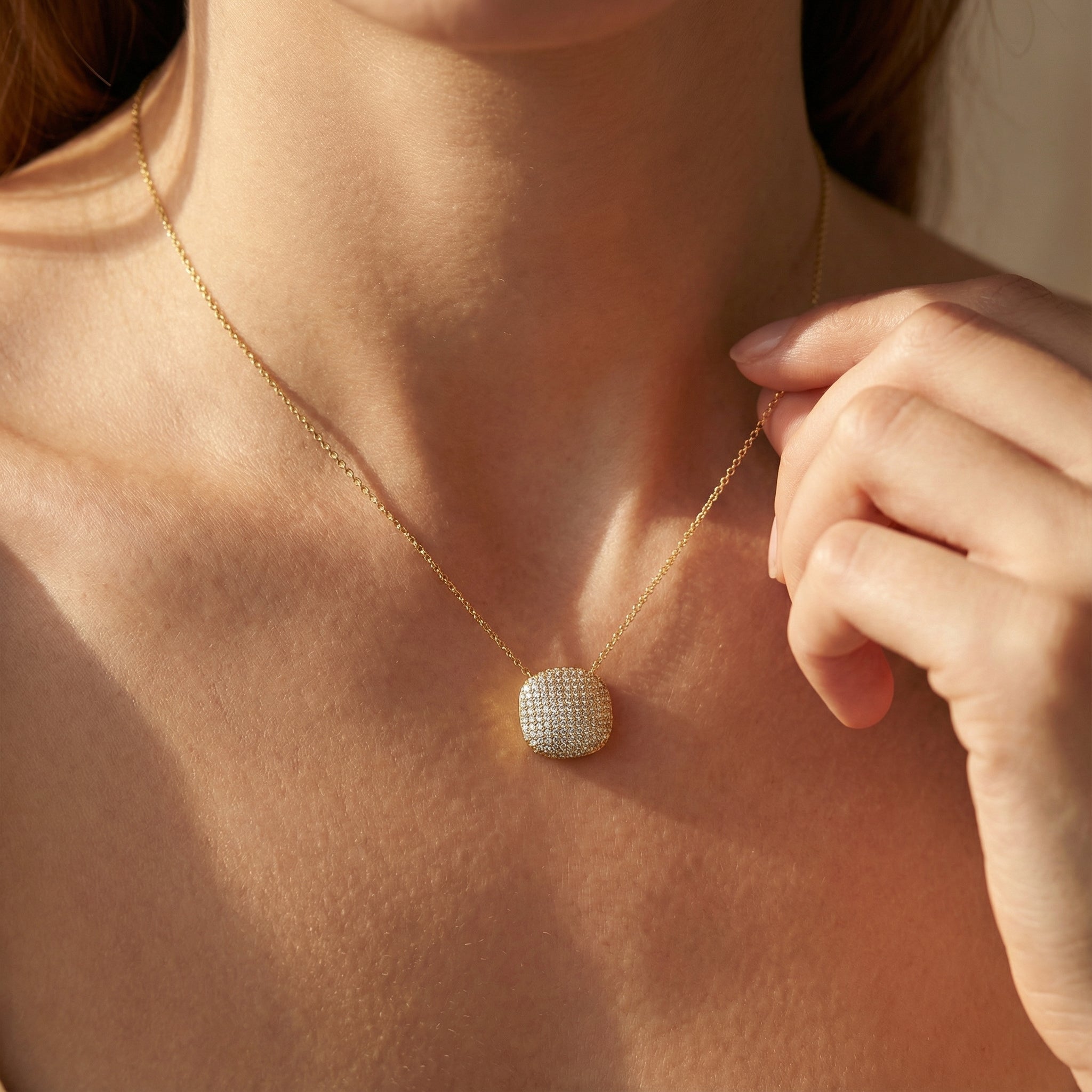 Cushion Shaped Diamond Cluster Gold Necklace - GeumJewels